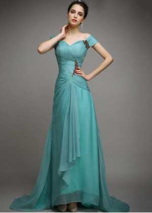 Off Shoulder Beaded Teal Chiffon Pleated Chic Evening Dress
